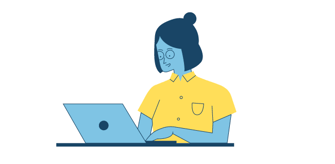 Cartoon-style woman with short hair using a laptop