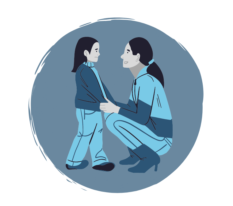 Cartoon image of a parent kneeling next to a worried-looking child, holding hands 