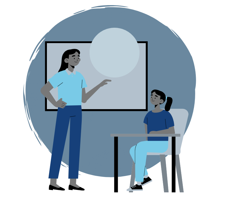Cartoon of a student and a teacher in a classroom