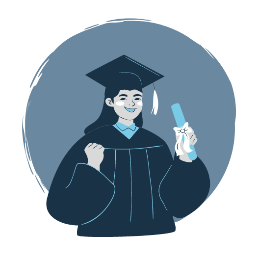 Cartoon of a student with long hair in matriculation robes 