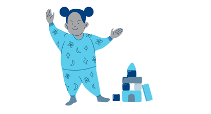 Cartoon of a child with a double bun hairstyle next to some building blocks in a tower shape.