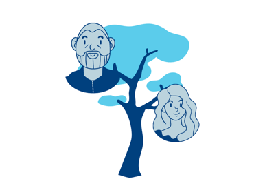 Blue tree graphic with two cartoon heads on the branches to represent a family tree