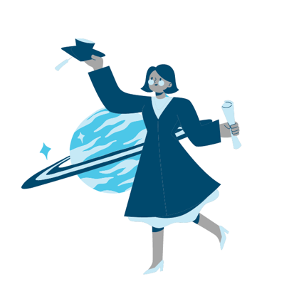 woman holding degree and wearing graduation robes in front of a planet