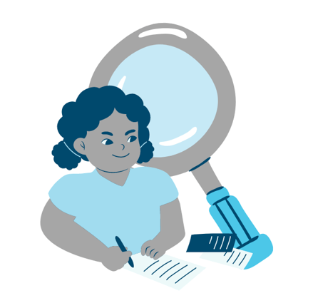 girl with pigtails sat writing in front of a magnifying glass 