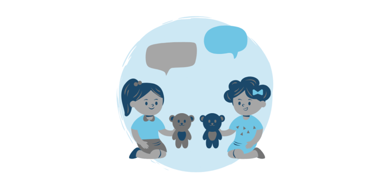 Two children holding teddy bears and play-acting with them, with speech bubbles 