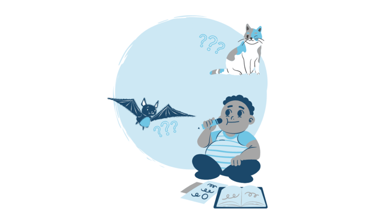 child looking confused as he thinks of a cat and a bat in thought bubbles