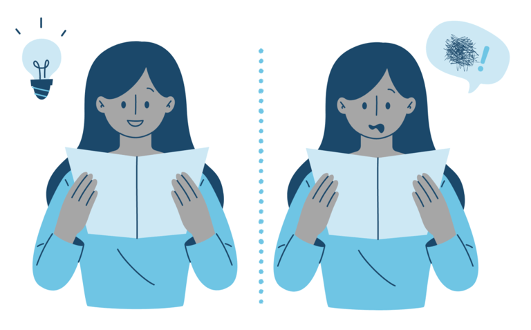 Cartoon of two identical girls with long hair opening an envelope. One looks happy, the other is shocked and worried.