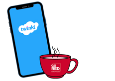 A smartphone featuring the Twinkl logo and a cup of tea featuring a Go red for Dyslexia logo