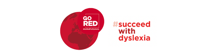 Go Red global logo and succeed with dyslexia logo in shades of red