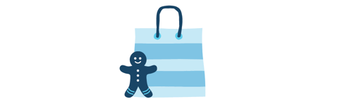 a striped gift bag with a gingerbread man to the side of it 