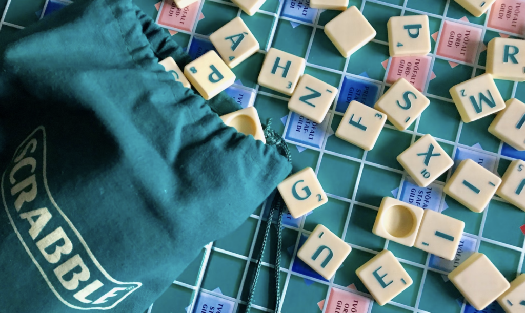 a scrabble set in disarray