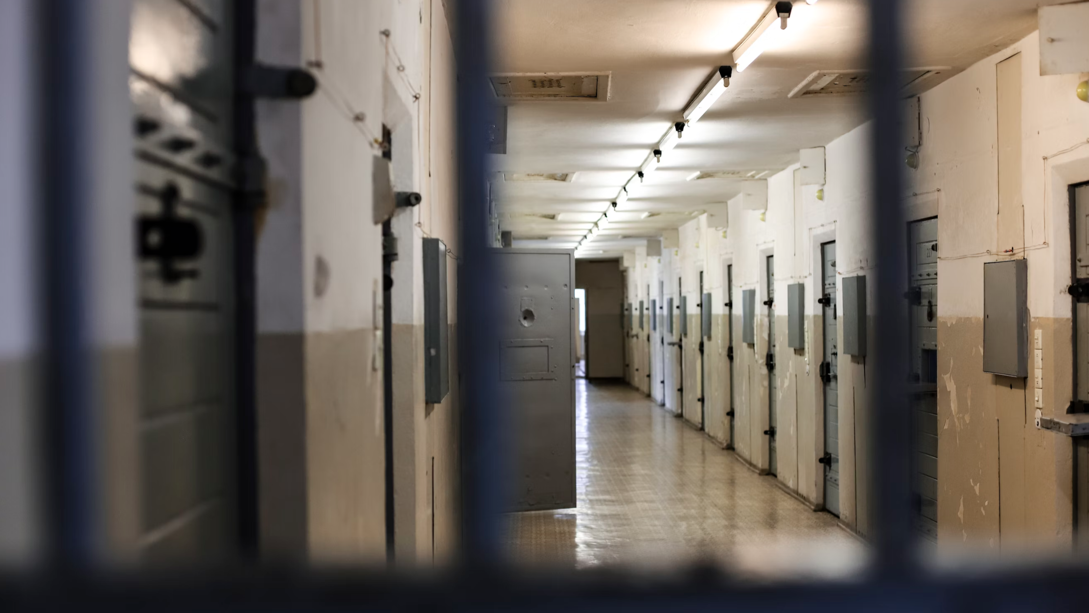 a view of a corridor of cells from behind a set of blurred vertical bars