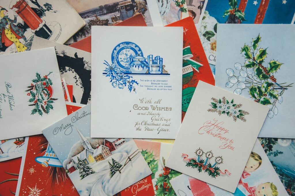 A pile of vintage Christmas cards 