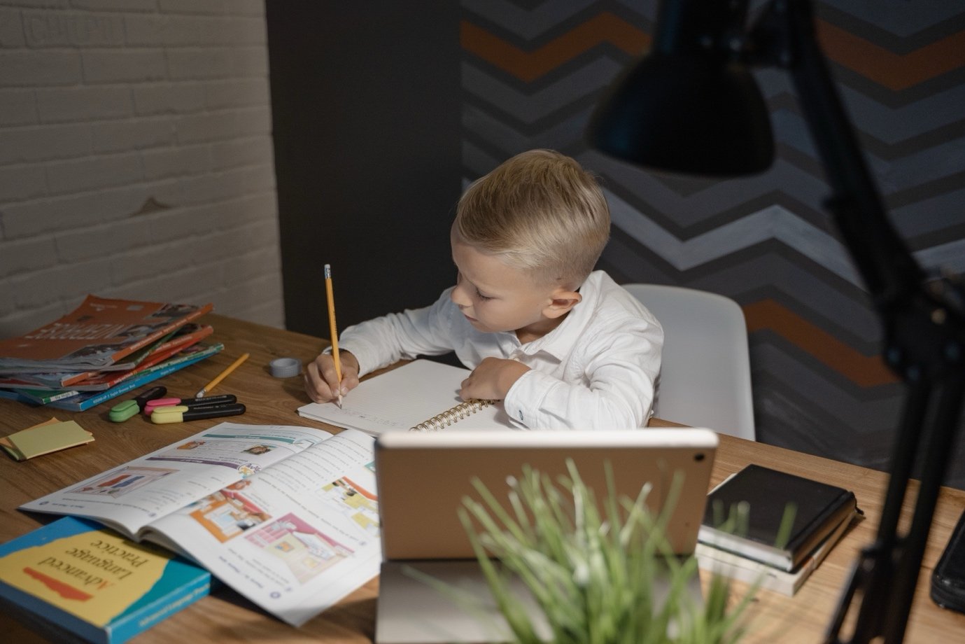 Young boy writing in a notebook